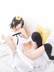 1boy asian biscuit_(bread) bisuke-tan cosplay cosplay_photo donut food food_as_clothes from_above kfc male_focus navel object_on_head panties photo_(medium) solo thighhighs trap underwear