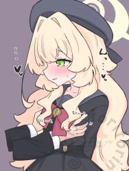... 1boy 1girl beret black_serafuku black_shirt black_skirt blonde_hair blue_archive blush bow breasts commentary_request disembodied_hand grabbing_another&#039;s_breast green_eyes grey_background grey_hat grey_sailor_collar groping hair_between_eyes hair_intakes halo hat heart highres kujou_karasuma loli long_hair long_sleeves open_mouth parted_lips pleated_skirt professor_niyaniya_(blue_archive) red_bow sailor_collar school_uniform serafuku shirt simple_background skirt small_breasts small_sweatdrop solo_focus sweat sweatdrop twitter_username very_long_hair watermark wavy_hair yellow_halo