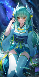 Rule 34 | 1girl, absurdres, blush, breasts, dragon girl, dragon horns, fate/grand order, fate (series), green hair, green kimono, highres, horns, japanese clothes, kimono, kiyohime (fate), long hair, long sleeves, looking at viewer, medium breasts, obi, sash, shenqi xiao hong zai nali, smile, solo, thighhighs, thighs, white thighhighs, wide sleeves, yellow eyes
