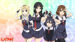 5girls absurdres aircraft airplane akiyama_mio black_eyes black_hair black_serafuku blonde_hair blue_eyes braid brown_eyes brown_hair copyright_name cosplay eyebrows fairy_(kancolle) fairy_(kancolle)_(cosplay) hair_flaps hair_ribbon highres hirasawa_yui k-on! kantai_collection kotobuki_tsumugi long_hair look-alike mini_person minigirl multiple_girls murasame_(kancolle) murasame_(kancolle)_(cosplay) nakano_azusa oku_no_shi pantyhose parody ribbon salute scarf school_uniform serafuku shigure_(kancolle) shiratsuyu_(kancolle) shiratsuyu_(kancolle)_(cosplay) short_hair tainaka_ritsu thick_eyebrows title_parody twintails yuudachi_(kancolle) yuudachi_(kancolle)_(cosplay)