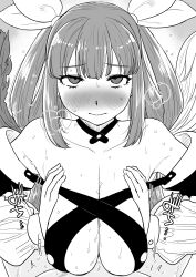 1boy 1girl absurdres angel_wings armpits asymmetrical_wings bare_shoulders belt black_choker blush breasts breasts_squeezed_together choker closed_mouth clothed_female_nude_male collarbone covered_erect_nipples detached_sleeves dizzy_(guilty_gear) greyscale guilty_gear guilty_gear_x guilty_gear_xx hair_between_eyes hair_ribbon hair_rings hetero highres kaiman_garupan large_breasts long_hair long_sleeves looking_at_viewer monochrome motion_lines nude paizuri penis pov puffy_long_sleeves puffy_sleeves ribbon sidelocks squeezing sweat sweatdrop twintails wings