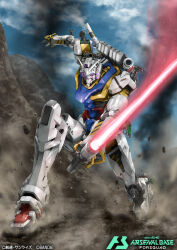 artist_request bandai cloud cloudy_sky company_name copyright_logo copyright_name copyright_notice debris energy_sword extra_eyes gundam gundam_arsenal_base gundam_gquuuuuux holding holding_sword holding_weapon machinery mecha mecha_focus mobile_suit no_humans official_art purple_eyes realistic robot science_fiction sky smoke solo sword sword_on_back title v-fin weapon weapon_on_back white_gundam
