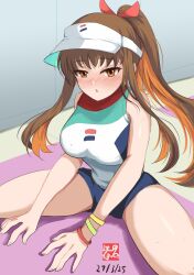 1girl absurdres bare_shoulders blush breasts brown_eyes brown_hair fate/grand_order fate_(series) highres kishinami_hakuno_(female) long_hair looking_at_viewer medium_breasts one-piece_swimsuit open_mouth ponytail sidelocks sitting solo swimsuit tetsu_no_samurai visor_cap