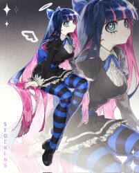 Rule 34 | 1girl, black dress, black hair, black pantyhose, blue eyes, blue pantyhose, breasts, dress, eyelashes, highres, invisible chair, large breasts, mary felizola, multicolored hair, panty &amp; stocking with garterbelt, pantyhose, pink hair, revision, sitting, solo focus, stocking (psg), streaked hair, striped clothes, striped pantyhose, two-tone pantyhose, zoom layer
