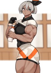 Rule 34 | 1girl, absurdres, bea (pokemon), commentary request, creatures (company), game freak, highres, musctonk, muscular, muscular female, nintendo, pokemon, pokemon swsh, solo, sweat, thick thighs, thighs, veins