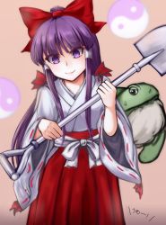 1girl animal_ears belt bow closed_mouth genjii_(touhou) hair_ornament hair_tubes hakurei_reimu hakurei_reimu_(pc-98) long_hair long_sleeves looking_at_another looking_down orange_background purple_eyes purple_hair red_bow red_skirt riria_(liry_a_flower) shirt simple_background skirt smile standing touhou touhou_(pc-98) turtle weapon white_belt white_bow white_shirt wide_sleeves