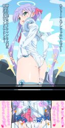 1girl ass boots cloud commentary_request defeat djibril_aries elbow_gloves energy_wings gloves green_eyes halo heart implied_sex instant_loss jinno_hikari long_hair looking_back magical_girl makai_tenshi_djibril makai_tenshi_djibril_2 necktie oekaki one-piece_swimsuit out-of-frame_censoring purple_hair ribbon school_swimsuit sky smile speech_bubble swimsuit swimsuit_costume takahashi_(k2ta7) thigh_boots thigh_strap thighhighs thighs translated trembling twintails wedgie white_boots white_gloves white_one-piece_swimsuit white_thighhighs wings