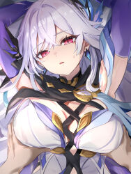 1boy 1girl arms_up blush breasts commentary_request dress earrings elbow_gloves genshin_impact gloves grabbing_another&#039;s_breast grey_hair groping highres jewelry large_breasts long_hair on_bed pov purple_gloves red_eyes skirk_(genshin_impact) sweatdrop tomas_(kaosu22) upper_body white_dress