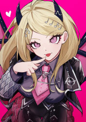 Rule 34 | 1girl, akamatsu kaede, alternate costume, black wings, blonde hair, breasts, danganronpa (series), danganronpa v3: killing harmony, demon wings, fake horns, fake wings, fortissimo, gaba33, hair ornament, heart, highres, horns, large breasts, long hair, looking at viewer, musical note, musical note hair ornament, necktie, pink background, pink eyes, pink necktie, signature, simple background, smile, solo, tongue, tongue out, wings