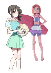 2girls :d absurdres aqua_eyes aqua_shirt aqua_skirt ball blush brown_hair buttons center_frills character_ball cropped_legs flat_chest frills hair_ornament hair_scrunchie halterneck hand_on_own_hip highres hiji_rida holding holding_ball inukai_iroha layered_skirt looking_at_viewer medium_hair midriff multiple_girls navel nekoyashiki_mayu nekoyashiki_yuki off-shoulder_shirt off_shoulder open_mouth orange_hair pink_eyes precure puffy_short_sleeves puffy_sleeves scrunchie shirt short_bangs short_hair_with_long_locks short_sleeves shorts side_ponytail simple_background skirt smile surfboard swimsuit white_background wonderful_precure!