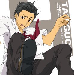 Rule 34 | 1boy, album cover, black hair, brown eyes, character single, cover, falling, h (letter), highres, kita high school uniform, male focus, necktie, nishiya futoshi, official art, red necktie, school uniform, solo, suzumiya haruhi no yuuutsu, taniguchi (suzumiya haruhi), white background