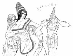 apron bayonetta bayonetta_(series) black_hair breasts cereza chain cleavage elbow_gloves glasses gloves hair_bun highres joy_(bayonetta) lamiu long_hair looking_back luka mole monochrome monster_girl ramiu ribbon single_hair_bun