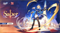 3girls 4boys ahoge artoria_pendragon_(fate) aventurine_(honkai:_star_rail) black_boots black_pantyhose blonde_hair blue_dress boothill_(honkai:_star_rail) boots character_name closed_mouth copyright_name crossover dress fate/stay_night fate/unlimited_blade_works fate_(series) full_body highres honkai:_star_rail honkai_(series) jade_(honkai:_star_rail) knee_boots long_sleeves looking_ahead multiple_boys multiple_girls official_art oti_alfalfa pantyhose robin_(honkai:_star_rail) saber_(fate) skott_(honkai:_star_rail) solo_focus standing sword weapon