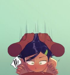 1boy 1girl ? amphibia black_hair blush constricted_pupils dark-skinned_male dark_skin deepthroat disembodied_hand facing_viewer fellatio green_eyes hair_ornament hand_on_another&#039;s_head hands_on_another&#039;s_head head_grab hetero highres interracial irrumatio kassitta large_penis marcy_wu motion_lines nude oral penis pov pov_crotch pov_hands short_hair simple_background solo_focus surprised tears uncensored unseen_male upper_body very_short_hair