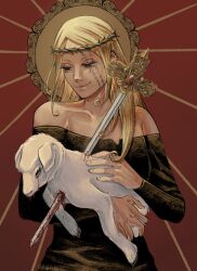 1girl animal baby_carry bare_shoulders black_dress black_eyes bleeding blood bloody_tears breasts carrying crown_of_thorns dress evil_smile eyelashes goat half-closed_eyes halo halo_behind_head highres holding holding_animal hunter_x_hunter impaled long_hair mature_female mia_(krpklover) morena_prudo scar scar_across_eye scar_on_face small_breasts smile sword upper_body weapon
