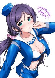 Rule 34 | 1girl, 2025, aqua eyes, belly, blue bra, blue jacket, blue skirt, blush, bra, breasts, ckst, cleavage, happy birthday, highres, jacket, large breasts, long hair, long sleeves, looking at viewer, love live!, love live! school idol project, miniskirt, navel, neck, purple hair, sidelocks, skirt, smile, solo, tojo nozomi, underwear, white background