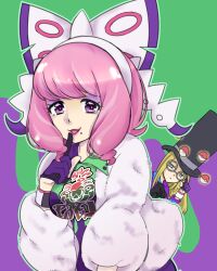 Rule 34 | 1boy, 1girl, absurdres, ascot, avery (pokemon), black ascot, blonde hair, blue eyes, bow, breasts, closed mouth, collared shirt, creatures (company), drill hair, dynamax band, eyeshadow, flipped hair, floating, floating object, fur jacket, game freak, glasses, gloves, hair bow, hairband, half-closed eyes, hat, highres, jacket, klara (pokemon), leaf sou, long hair, makeup, medium breasts, mole, mole under mouth, nintendo, pink eyeshadow, pink hair, pink lips, poke ball, poke ball (basic), pokemon, pokemon swsh, print shirt, purple eyes, round eyewear, shirt, short hair, single glove, smile, top hat, twin drills, white bow, white hairband