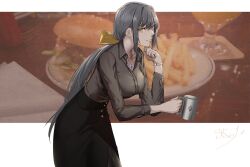1girl 35oku_vs artist_name black_pantyhose black_skirt black_survival bow breasts closed_mouth collarbone commentary_request cup dr._nadja eternal_return:_black_survival feet_out_of_frame food-themed_background grey_hair grey_shirt hair_bow hand_on_own_chin highres holding holding_cup jewelry long_hair long_skirt long_sleeves looking_at_viewer medium_breasts necklace pantyhose shirt sidelocks skirt solo standing watch wristwatch yellow_bow yellow_eyes