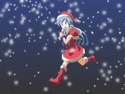 1girl animated animated_gif blue_eyes blue_hair boots christmas dress female_focus full_body hat holding ikamusume long_hair matching_hair/eyes night open_mouth running santa_costume santa_dress santa_hat shinryaku!_ikamusume short_sleeves snow snowing solo tentacle_hair willysmc