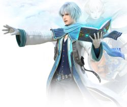 1boy 3d amano_yoshitaka amano_yoshitaka_design blue_hair book cloud coat final_fantasy final_fantasy_brave_exvius gloves green_eyes hair_between_eyes male_focus nichol_(ff_be) official_art scarf simple_background solo white_background