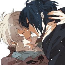 2boys black_hair camelot closed_eyes coat hug jacket male_focus multiple_boys nezumi_(no.6) no.6 open_mouth ponytail scarf shion_(no.6) short_hair short_ponytail tears white_hair yaoi