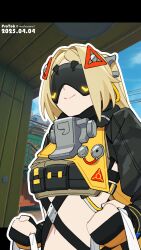 1girl absurdres black_blindfold black_pants black_shrug blindfold blonde_hair camouflage camouflage_jacket camouflage_pants hair_ornament highres jacket latex_pants long_hair mochusama pants shrug_(clothing) smile triangle_hair_ornament trigger_(zenless_zone_zero) upper_body zenless_zone_zero