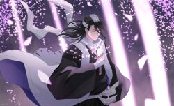 1boy 2024 absurdres bankai black_hair black_kimono bleach closed_mouth commentary_request cowboy_shot dated_commentary falling_petals fighting_stance floating_clothes floating_hair hair_between_eyes hand_up haori highres holding holding_sword holding_weapon japanese_clothes kimono kuchiki_byakuya kuni_929 long_sleeves looking_ahead male_focus mature_male petals purple_eyes senbonzakura_kageyoshi_(bankai) serious solo sword taichou_haori tsurime v-shaped_eyebrows weapon wide_sleeves