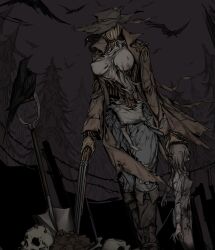 1girl barbed_wire bird black_hat blue_overalls boots breasts brown_boots brown_coat coat corpse covered_erect_nipples double-barreled_shotgun faceless flesh floating_clothes grey_shirt gun hat head_grab highres holding holding_gun holding_weapon juerucj long_sleeves monster_girl open_clothes open_coat original overalls pants pants_tucked_in pine_tree scarecrow shirt shotgun shovel skull solo torn_clothes tree weapon