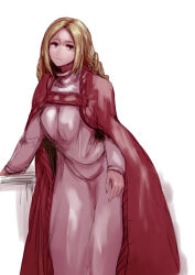 Rule 34 | 1girl, blonde hair, braid, breasts, cape, closed mouth, dress, final fantasy, final fantasy tactics, hanemikakko, long hair, ovelia atkascha, simple background, smile, solo, white background, white dress, yellow eyes