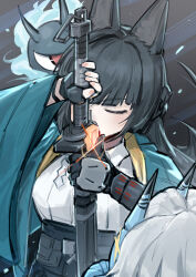 Rule 34 | 2girls, absurdres, animal ears, black gloves, black hair, blue skin, blunt bangs, closed eyes, colored skin, dodo (yatotoyatoto), fingerless gloves, fox ears, fox girl, gloves, green jacket, highres, holding, holding sword, holding weapon, horns, hoshimi miyabi, jacket, long hair, looking at another, multiple girls, short hair, solo focus, soukaku (zenless zone zero), sword, upper body, weapon, white hair, zenless zone zero