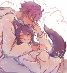 Rule 34 | 2boys, :d, alternate costume, animal ear fluff, animal ears, arm up, arms around neck, blush, casual, closed eyes, closed mouth, cowboy shot, dark-skinned male, dark skin, drawn ears, ensemble stars!, grey hoodie, grey pants, hair between eyes, hair intakes, hand on another&#039;s face, hands on another&#039;s chest, heart, highres, holding hands, hood, hoodie, hug, hug from behind, hunched over, kanzaki souma, leaning on person, long hair, looking at another, lying, lying on lap, male focus, motion lines, multiple boys, notice lines, open mouth, otogari adonis, pants, ponytail, purple hair, short hair, sidelocks, simple background, smile, tail, white background, whiten wolf, wolf boy, wolf ears, wolf tail, yaoi, yellow eyes