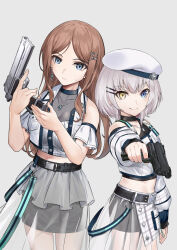 Rule 34 | 2girls, 463 jun, bang dream!, bang dream! it&#039;s mygo!!!!!, beret, black choker, black skirt, blue eyes, blush, breasts, brown hair, choker, cleavage, closed mouth, commentary, covered collarbone, crop top, earrings, finger on trigger, gun, hair ornament, hairclip, half-skirt, handgun, hashtag-only commentary, hat, heterochromia, highres, holding, holding gun, holding weapon, jewelry, kaname raana, long hair, long sleeves, medium breasts, midriff, multiple girls, nagasaki soyo, necklace, off shoulder, parted bangs, plaid clothes, plaid skirt, see-through cleavage, see-through clothes, see-through skirt, short hair, skirt, smile, weapon, weapon request, white background, white hair, white hat, white skirt, yellow eyes