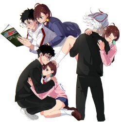 1boy 1girl absurdres ayase_momo black_choker black_hair black_jacket black_pants blue_skirt blush book bow bowtie brown_eyes brown_hair brown_shoes carrying chappyvii choker closed_eyes collared_shirt commentary dandadan earrings english_commentary feet_out_of_frame from_behind from_side full_body gakuran glasses hair_between_eyes hair_ornament hair_scrunchie hand_on_another&#039;s_head highres holding holding_book hood hood_down hoodie hug jacket jewelry kneehighs long_sleeves lying lying_on_person medium_hair miniskirt multiple_views no_shoes on_stomach open_mouth pants pink_sweater pleated_skirt princess_carry purple_shirt red_bow red_bowtie red_eyes round_eyewear school_uniform scrunchie shaded_face shirt shoes short_hair skirt socks sparkle squatting sweat sweatdrop sweater takakura_ken_(dandadan) takakura_ken_(transformed)_(dandadan) transformation twitter_username white_background white_hair white_hoodie white_shirt white_shoes white_socks yellow_scrunchie