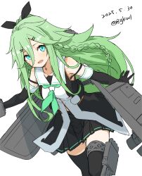 Rule 34 | 1girl, absurdres, adapted turret, bigkwl, black gloves, black ribbon, black serafuku, blush, braid, breasts, elbow gloves, gloves, green eyes, green hair, green neckerchief, hair between eyes, hair flaps, hair ornament, hair ribbon, hairclip, highres, holding, holding turret, kantai collection, long hair, machinery, neckerchief, ponytail, ribbon, rigging, school uniform, serafuku, ship turret, side braids, solo, torpedo, torpedo launcher, torpedo tubes, turret, twin braids, yamakaze (kancolle), yamakaze kai ni (kancolle)
