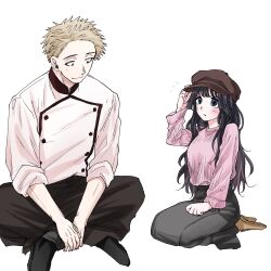 1boy 1girl adjusting_clothes adjusting_headwear black_hair black_shoes black_skirt blonde_hair blue_eyes blush brown_hat brown_pants brown_shoes closed_mouth hand_up hat height_difference highres kaoru_hana_wa_rin_to_saku long_hair long_skirt looking_at_another mikami_saka official_art pants parted_lips pink_shirt shirt shoes short_hair simple_background sitting skirt sleeves_rolled_up smile tsumugi_rintarou waguri_kaoruko wariza white_background white_shirt