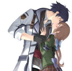 1boy 1girl black_gloves blue_bow blue_hair bow brown_hair brown_skirt couple dress_shirt eiyuu_densetsu eye_contact falcom from_side gloves green_jacket grey_shirt hair_bow hakuleg height_difference hetero holding_another&#039;s_wrist jacket kiss long_hair long_sleeves looking_at_another manly miniskirt plaid_clothes plaid_skirt pleated_skirt ponytail rean_schwarzer sen_no_kiseki sen_no_kiseki_(series) sen_no_kiseki_i sen_no_kiseki_iii shirt simple_background skirt standing towa_herschel vest white_background