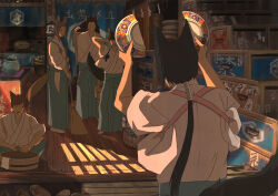 Rule 34 | 5boys, absurdres, animal ears, basin, black hair, broken, broom, cat boy, cat ears, cat tail, commentary request, fingernails, hakama, hakama pants, highres, holding, holding broom, holding plate, indoors, japanese clothes, kimono, long hair, low ponytail, male focus, multiple boys, original, pants, plate, ponytail, sharp fingernails, slice of life, tail, tukuso, white kimono