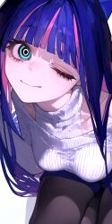 1girl absurdres ai-generated ai_chan_1111 arm_up black_pantyhose blue_eyes blue_pants bow breasts close-up clothing_cutout collarbone colored_inner_hair female_focus foreshortening hair_over_shoulder head_tilt highres hime_cut large_breasts looking_at_viewer multicolored_hair one_eye_closed pants panty_&amp;_stocking_with_garterbelt pantyhose purple_hair ringed_eyes shorts shoulder_cutout sitting smile solo stocking_(psg) streaked_hair sweater turtleneck turtleneck_sweater white_sweater wink