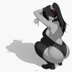 Rule 34 | 1girl, absurdres, ass, backless outfit, bare back, bare shoulders, black hair, black leotard, black thighhighs, bleach, bleach: sennen kessen-hen, breasts, dark-skinned female, dark skin, female focus, highres, large breasts, leotard, long hair, monochrome, ponytail, shihouin yoruichi, sideboob, simple background, stayaliveplz, thighhighs, thighs, white background