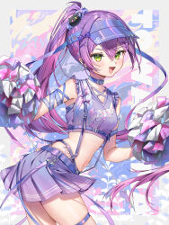 1girl :d absurdres braid braided_bangs breasts cheerleader colored_inner_hair criss-cross_straps crossed_bangs demon_girl demon_tail double-parted_bangs frilled_shirt frills gradient_hair green_eyes hair_between_eyes hair_ornament hairclip hat heart heart_hair_ornament highres hip_tattoo holding holding_pom_poms hololive long_hair looking_at_viewer midriff miniskirt multicolored_hair navel open_mouth pink_hair pleated_skirt pointy_ears pom_pom_(cheerleading) pom_poms ponytail purple_hair purple_hat purple_shirt purple_skirt runlan_0329 shirt skirt sleeveless sleeveless_shirt small_breasts smile solo tail thigh_strap tokoyami_towa very_long_hair virtual_youtuber visor_cap winged_heart_tattoo