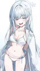 Rule 34 | 1girl, absurdres, arms behind back, bikini, blue archive, blush, braid, breasts, cleavage, collarbone, cowboy shot, flower, grey eyes, hair intakes, hair ornament, halo, highres, jacket, jewelry, long hair, medium breasts, nagusa (blue archive), nagusa (swimsuit) (blue archive), navel, necklace, open mouth, rosu 1109, simple background, single braid, snowflake hair ornament, stomach, swimsuit, teeth, thick eyebrows, white background, white bikini, white hair, white jacket