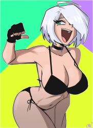 1girl abstract_background angel_(kof) bare_shoulders bent_over bikini black_bikini breasts cleavage collarbone colorful ekowrosmi ekowrosmi_x ekowrosmik fingerless_gloves gloves green_background green_eyes hair_over_one_eye highres large_breasts looking_at_viewer midriff navel open_mouth pink_background short_hair side-tie_bikini_bottom smik smile smok snk solo stomach string_bikini swimsuit the_king_of_fighters the_king_of_fighters_xiv toned toned_female white_hair yellow_background