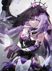 1girl akitsuki_(oenothera) black_dress black_tiara black_veil breasts castorice_(honkai:_star_rail) commentary_request dress flower flower_ornament gloves hair_flower hair_ornament highres honkai:_star_rail honkai_(series) long_hair medium_breasts pointy_ears purple_eyes purple_gloves purple_hair solo tiara veil white_background