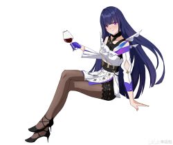 1girl black_pantyhose breasts commentary crossed_legs cup dress drinking_glass earrings gloves high_heels highres holding holding_cup honkai_(series) honkai_impact_3rd jewelry long_hair looking_at_viewer medium_breasts pantyhose purple_eyes purple_gloves purple_hair raiden_mei raiden_mei_(apho) simple_background single_glove sitting smile solo symbol-only_commentary very_long_hair white_background white_dress wine_glass xingyun_bao_(user_liu4485)