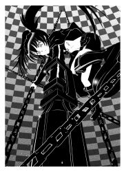 Rule 34 | arm cannon, belt, bikini, black hair, black rock shooter, black rock shooter (character), black shorts, boots, chain, dollmaster13, front-tie bikini top, front-tie top, greyscale, highres, long hair, monochrome, rock cannon, scar, shorts, swimsuit, twintails, uneven twintails, weapon