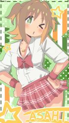 Rule 34 | &gt; o, 1girl, alternate costume, artist name, bambi2000line, blush, bow, bowtie, breasts, brown hair, character name, colored inner hair, commentary, contrapposto, cowboy shot, diamond-shaped pupils, diamond (shape), green eyes, hair intakes, hands on own hips, highres, jewelry, looking at viewer, miniskirt, multicolored hair, necklace, oka asahi, one eye closed, onii-chan wa oshimai!, open mouth, orange hair, pleated skirt, red bow, red bowtie, red shirt, shirt, short hair, skirt, sleeves rolled up, small breasts, solo, star (symbol), symbol-shaped pupils, two-tone hair, two side up, white shirt, wristband