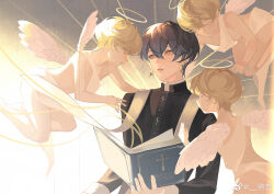 4boys absurdres alternate_costume ancient_greek_clothes angel angel_wings bible_(object) black_robe book cassock cherub chinese_commentary closed_eyes closed_mouth commentary cross cross_print earrings english_commentary feathered_wings feet_out_of_frame flying greco-roman_clothes grey_hair hair_between_eyes halo highres himation holding holding_book ike_eveland jewelry latin_cross long_sleeves looking_at_another male_focus mixed-language_commentary multiple_boys nijisanji nijisanji_en no_eyewear open_book parted_lips priest robe short_hair stole sunburst traditional_halo upper_body virtual_youtuber watermark weibo_watermark white_wings wings yaqing yellow_eyes