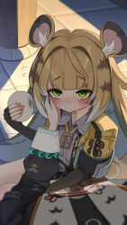 Rule 34 | 2girls, animal ears, belle (delicate sunlight) (zenless zone zero), belle (zenless zone zero), black gloves, black shirt, blonde hair, blush, closed mouth, cropped jacket, elbow gloves, fingerless gloves, food, gloves, green eyes, highres, holding, holding bun, holding food, jacket, ju fufu, looking at viewer, monobe yuri, multicolored hair, multiple girls, official alternate costume, pov, shirt, smile, steamed bun, tiger ears, tiger girl, two-tone hair, white hair, yellow jacket, zenless zone zero