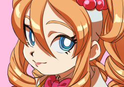 1girl blue_eyes bow bowtie bright_pupils commentary_request curly_hair detached_collar doofuf dragon_quest dragon_quest_builders_2 hairband looking_at_viewer looking_to_the_side orange_hair pero_(dqb2) pink_background pink_bow pink_bowtie pink_lips portrait smile solo upper_body white_hairband white_pupils