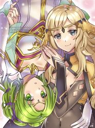 Rule 34 | 2girls, armor, blonde hair, bodysuit, breasts, cape, capelet, choker, circlet, cleavage, commission, commissioner upload, fingerless gloves, fire emblem, fire emblem: the sacred stones, fire emblem fates, gloves, green eyes, green hair, grey eyes, highres, l&#039;arachel (fire emblem), long hair, maji (majibomber), multiple girls, navel, nintendo, ophelia (fire emblem), see-through capelet, see-through clothes, short hair, sparkle, twintails, upside-down, white choker, yuri